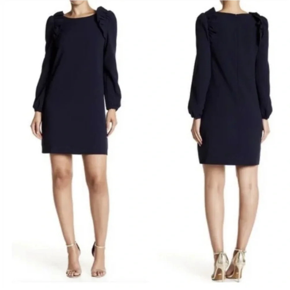 Eliza J Ruffle Shoulder Navy Blue Shift Dress Long Sleeve Size 8